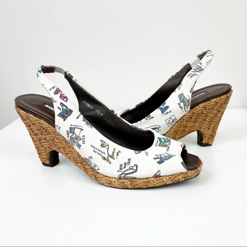 Donald J. Pliner Wicker Wedge Sandals Graphic Shoe Print Canvas Uppers Size‎ 7.5